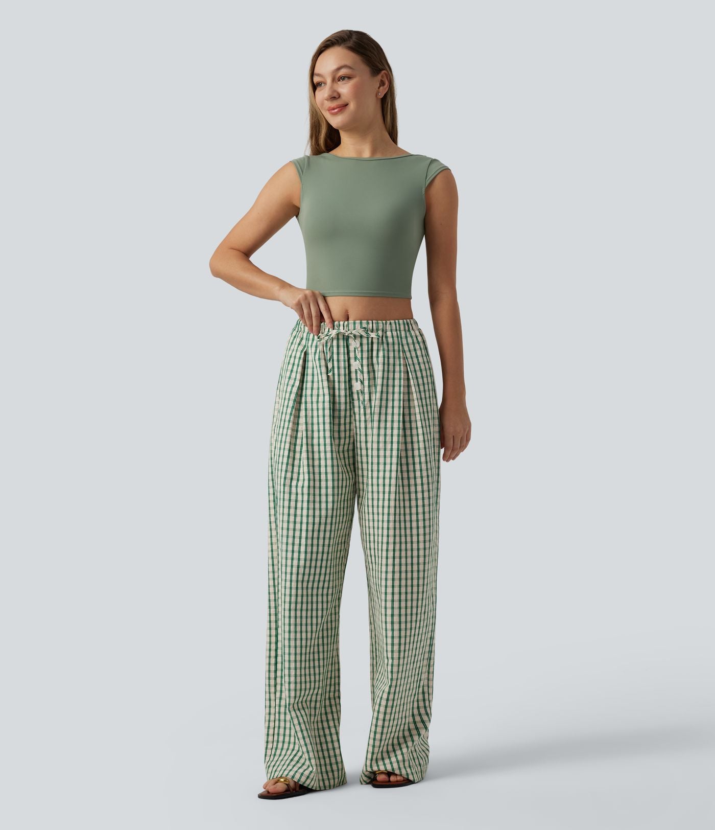 Pantalon large décontracté à carreaux taille mi-haute avec cordon de serrage et poches