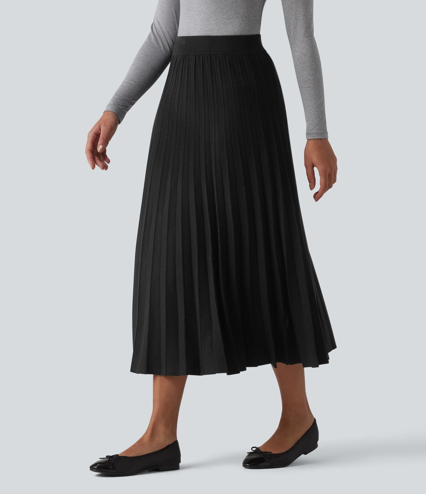 Jupe midi casual en maille plissée taille haute, coupe trapèze