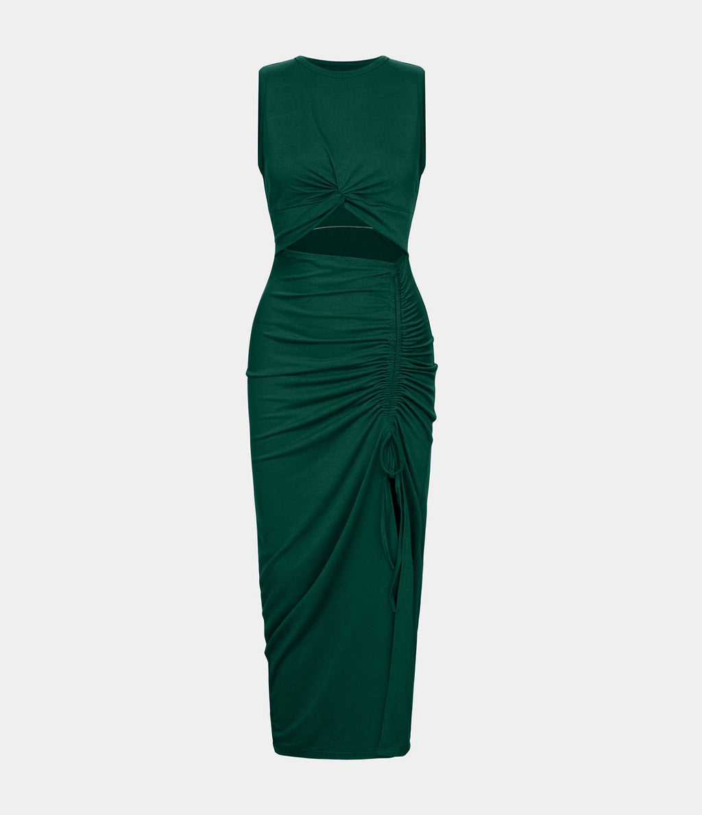 Robe Midi Casual Moulante  Ourlet Fendu Col Rond Découpes Torsadées Froncée Cordon Serrage