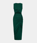 Robe Midi Casual Moulante  Ourlet Fendu Col Rond Découpes Torsadées Froncée Cordon Serrage