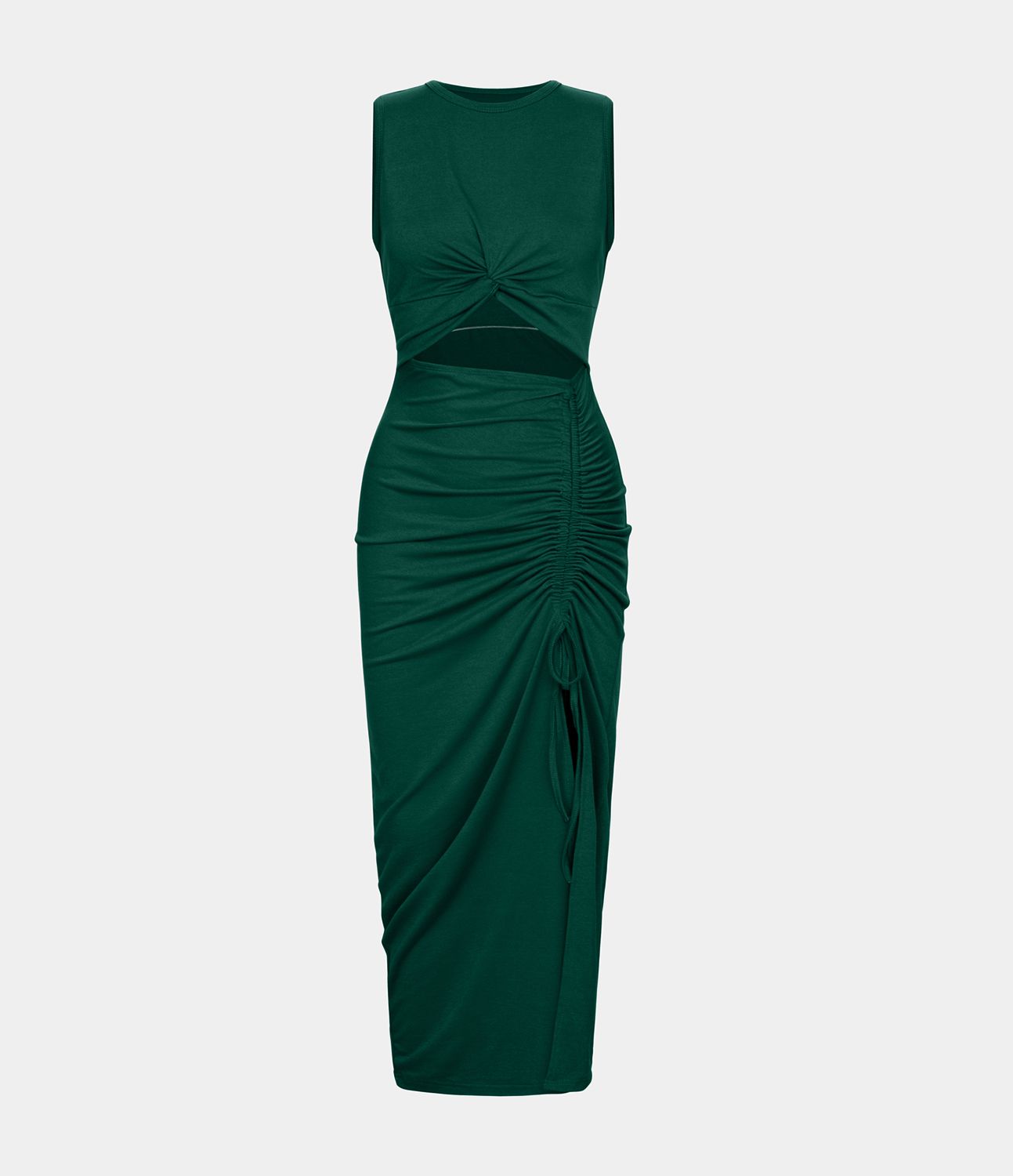 Robe Midi Casual Moulante  Ourlet Fendu Col Rond Découpes Torsadées Froncée Cordon Serrage