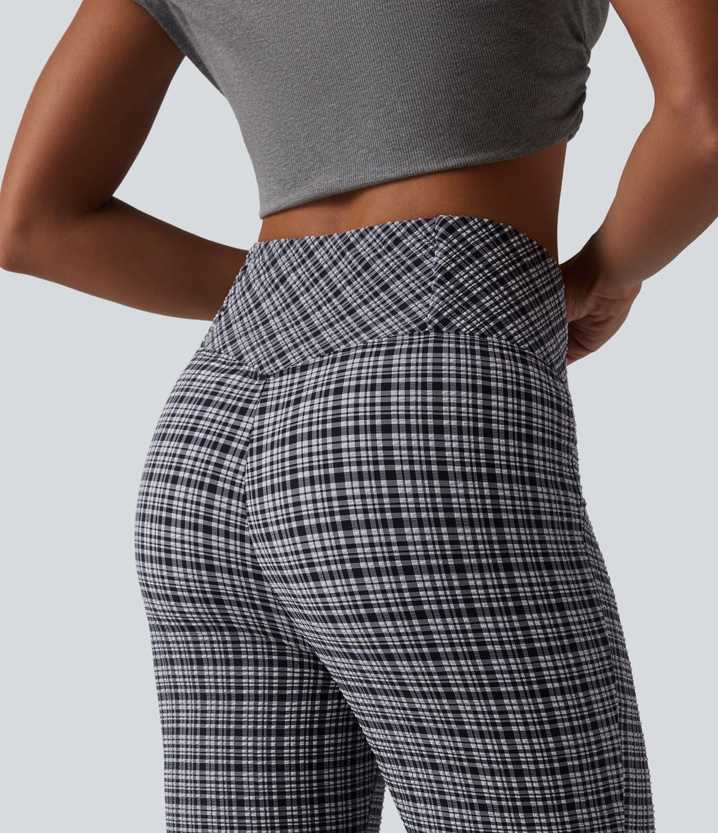 Pantalon évasé taille haute croisée ventre plat à carreaux en tissu froissé séchage rapide avec poches