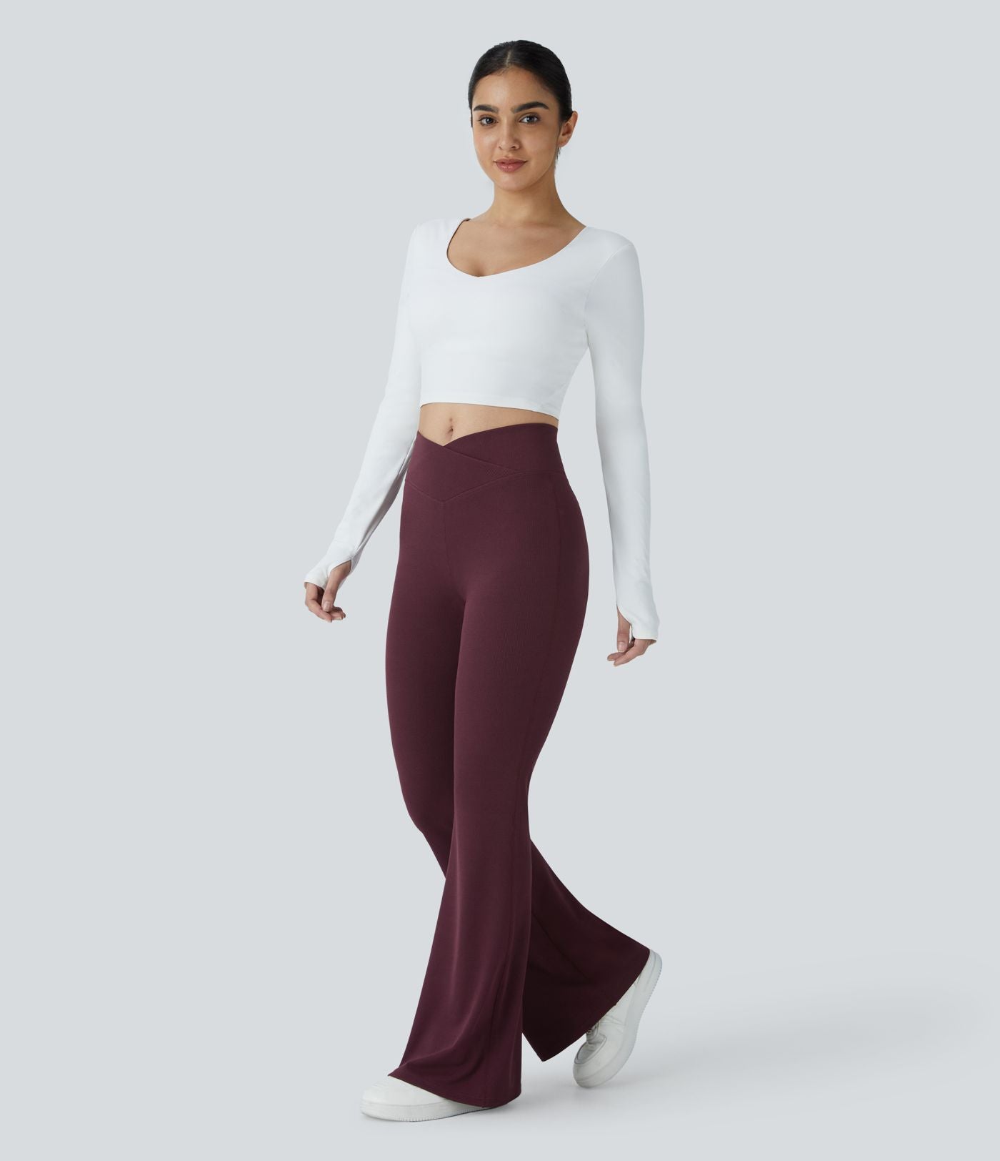 Pantalon décontracté évasé en maille gaufrée, taille haute, avec poches croisées