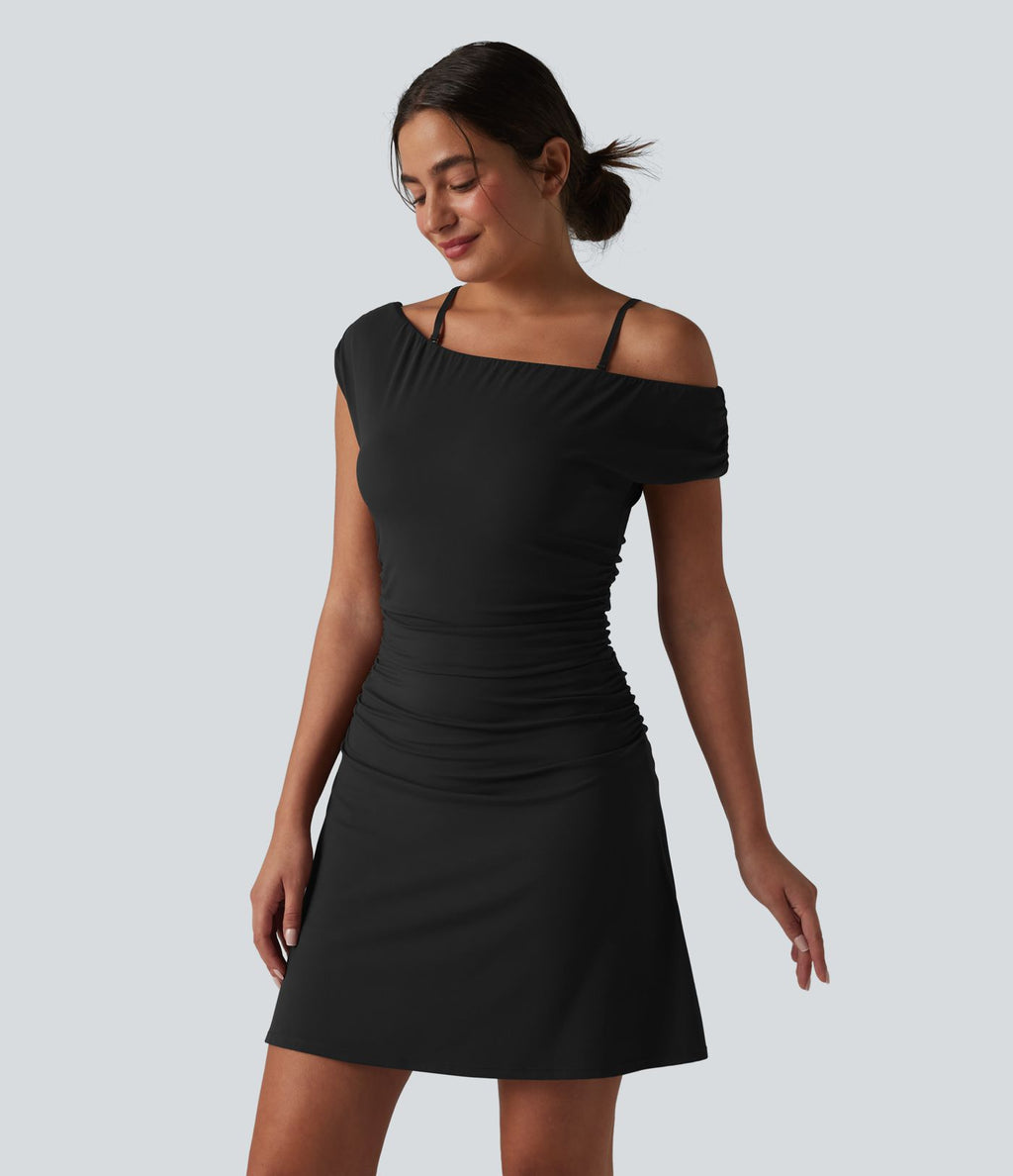Robe de yoga active 2 en 1 SoftlyZero™ à épaules dénudées, bretelles amovibles et soutien-gorge intégré, avec poches - Facile à porter