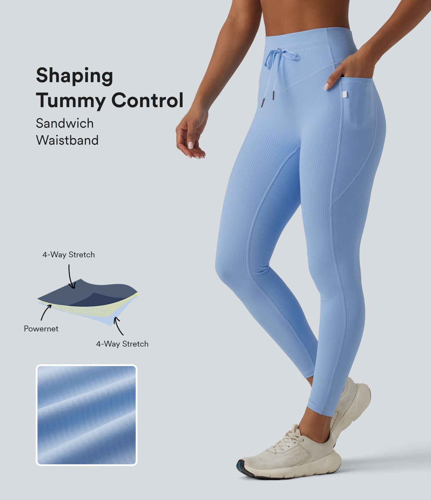 Legging de sport maille côtelée gainant à séchage rapide taille haute avec cordon de serrage et poches - UPF50+