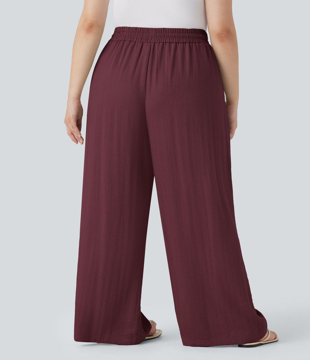 Pantalon décontracté grande taille large fluide taille haute effet lin avec cordon de serrage et poches