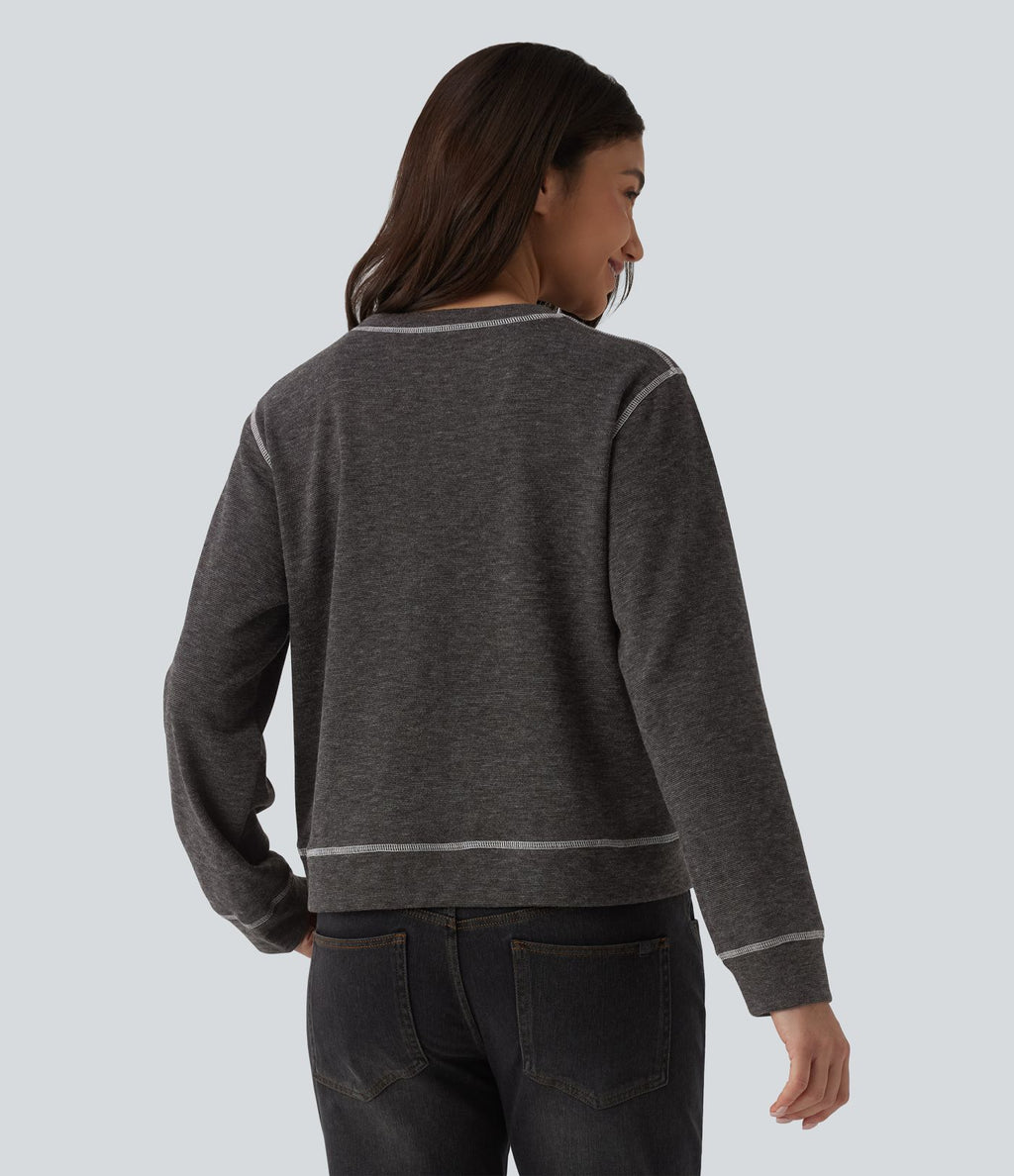 Sweat-shirt casual chiné col rond à manches longues avec surpiqûres