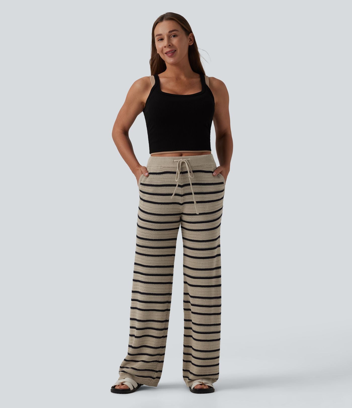 Pantalon pull ample décontracté taille basse avec cordon de serrage color block rayures avec poches