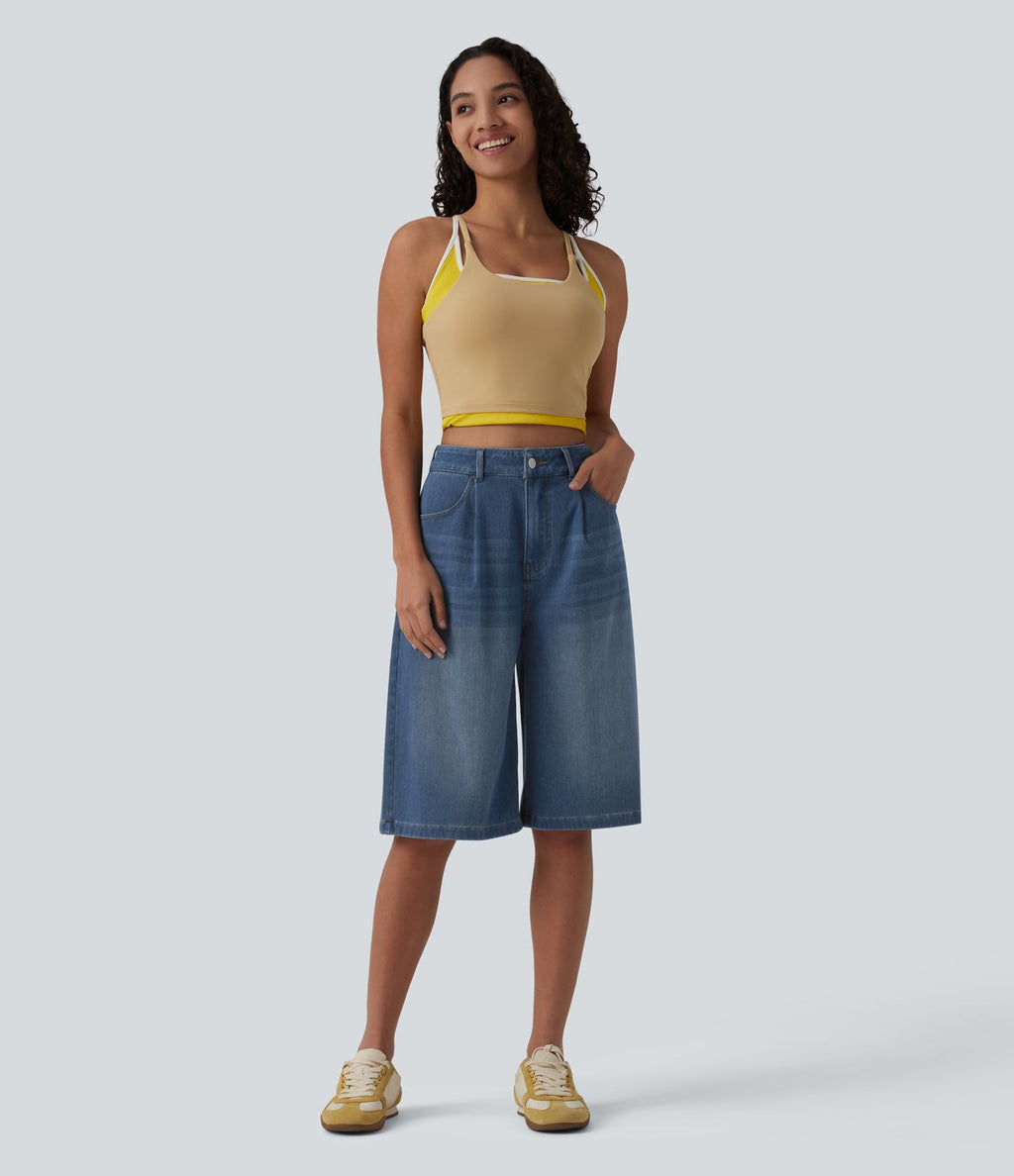 Bermuda denim décontracté Halara Flex™ taille haute avec poches