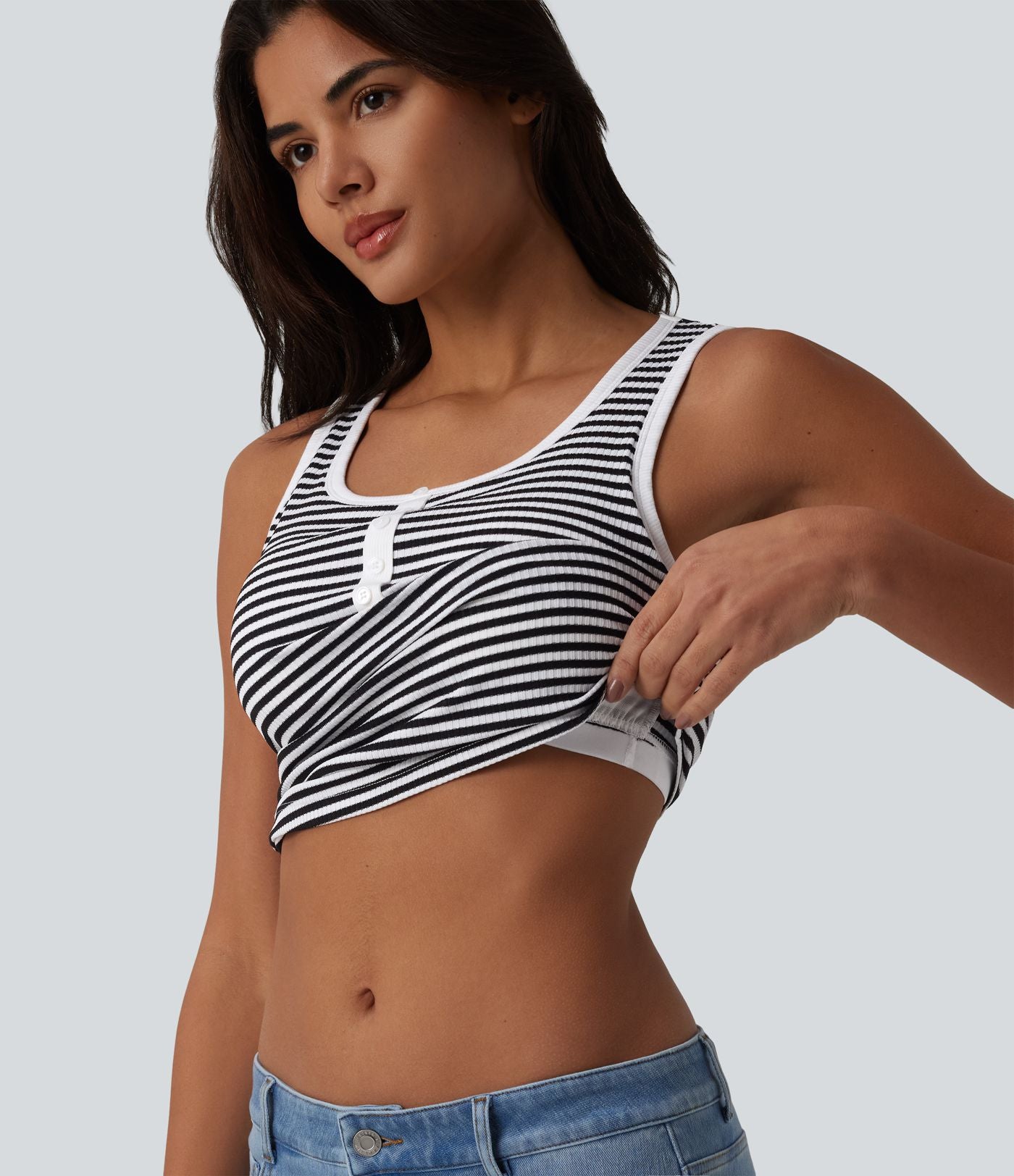 Débardeur casual côtelé à rayures col U avec soutien-gorge intégré
