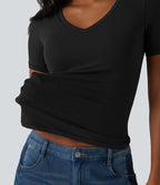 Halara T-shirt décontracté en jersey de coton col V manches courtes avec soutien-gorge intégré bonnets B-DD