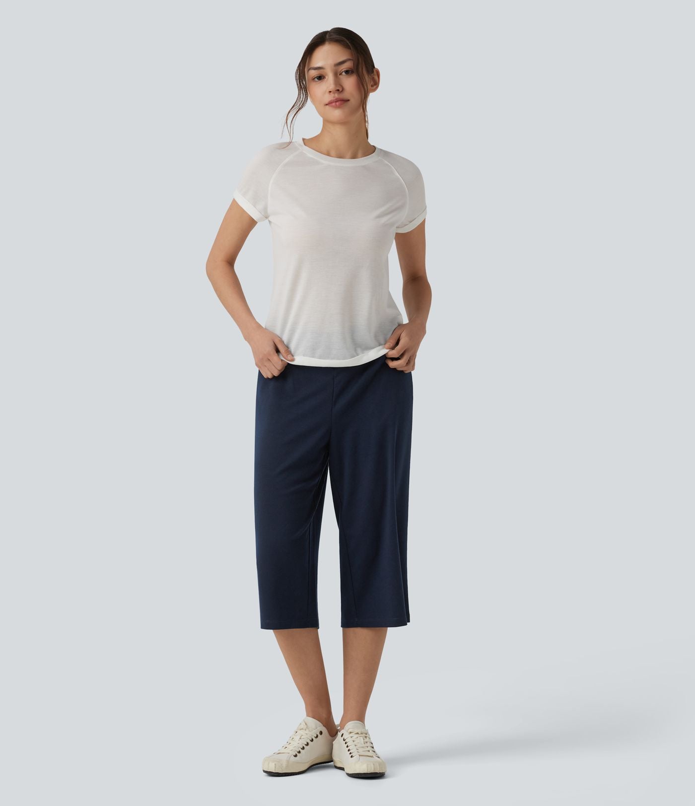 Pantalon casual capri large croisé taille mi-haute avec poches