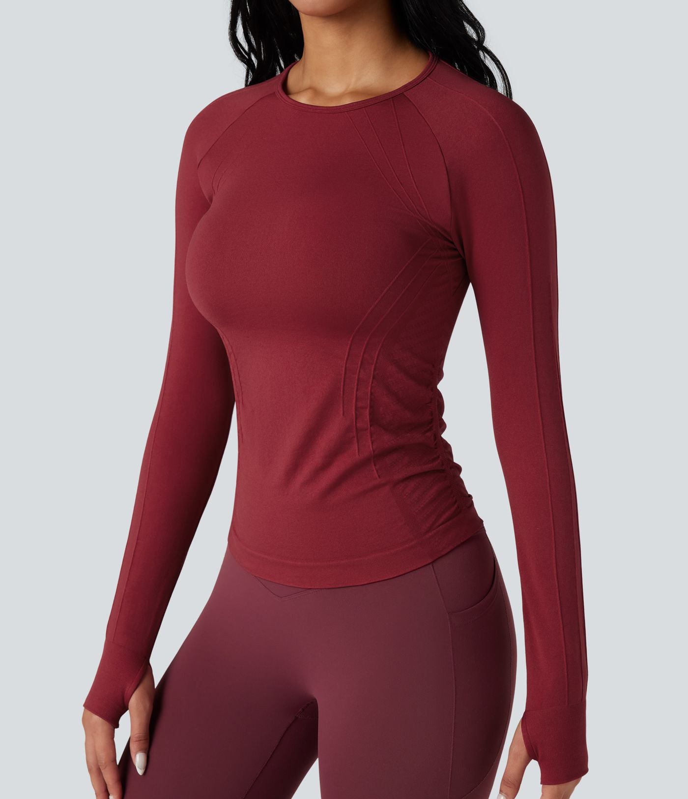 Haut de sport yoga col rond à manches longues avec passants pouces sans couture OneForm Seamless Flow