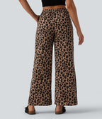 Pantalon large casual en maille gaufrée imprimé léopard taille mi-haute avec cordon de serrage et poches