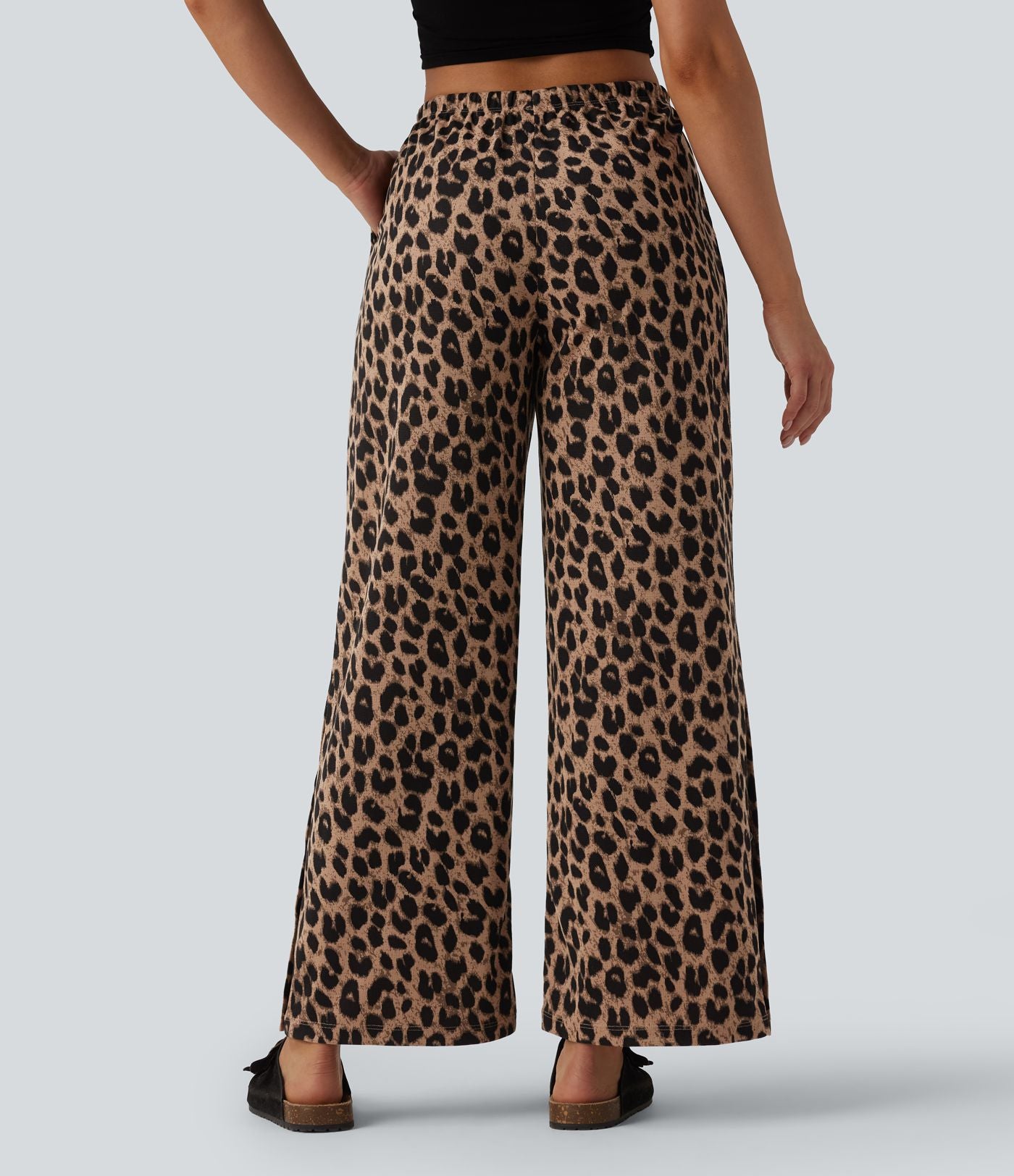 Pantalon large casual en maille gaufrée imprimé léopard taille mi-haute avec cordon de serrage et poches