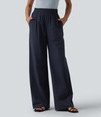 Pantalon casual large ample taille haute avec poches