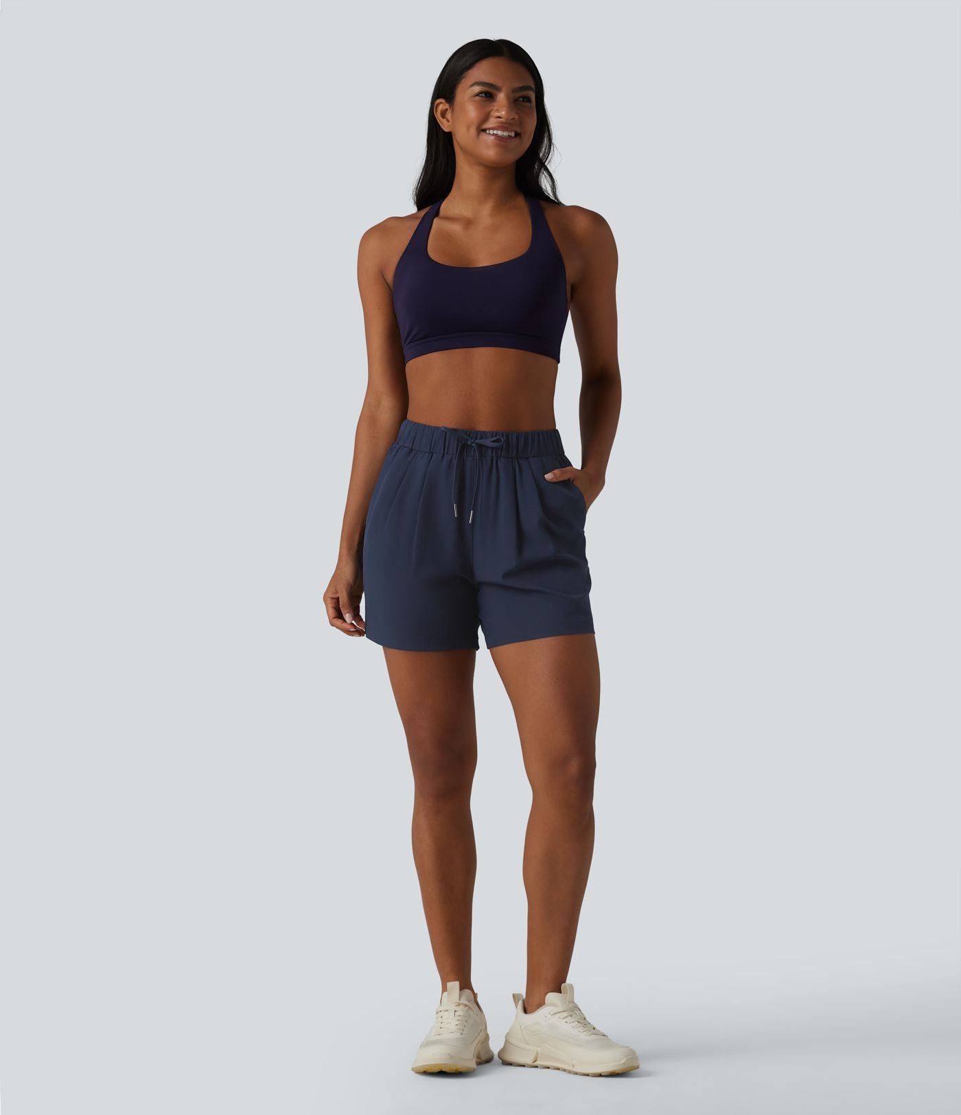 Short de yoga plissé taille haute élastique 12,5 cm avec cordon de serrage et poches