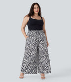 Pantalon décontracté grande taille large fluide taille haute imprimé léopard avec cordon de serrage et poches latérales