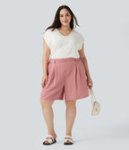 Bermuda décontracté grande taille aspect lin taille haute avec poches
