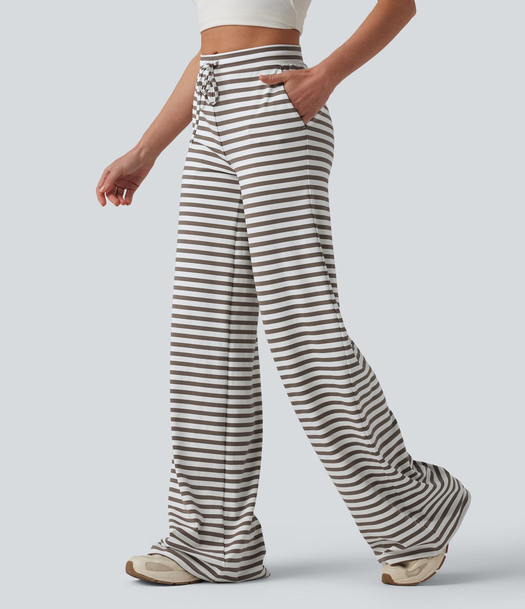 Pantalon yoga large taille mi-haute à rayures et cordon de serrage avec poches