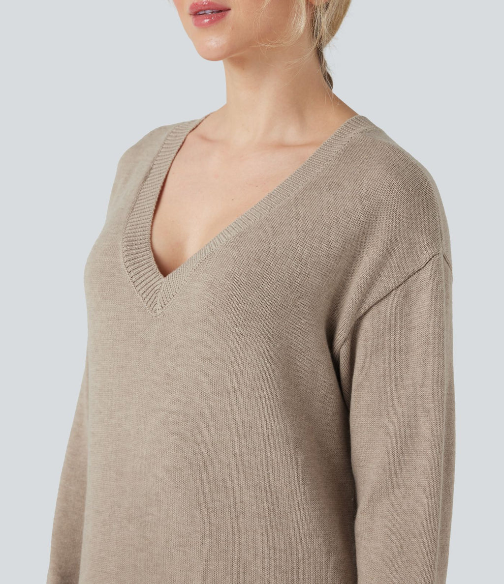 Robe pull laine mélangée col V manches longues mi-longue - réversible devant et dos