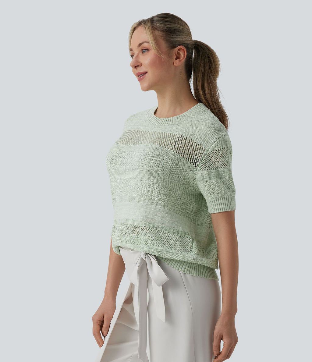 Pull tailleur col rond manches courtes crochet