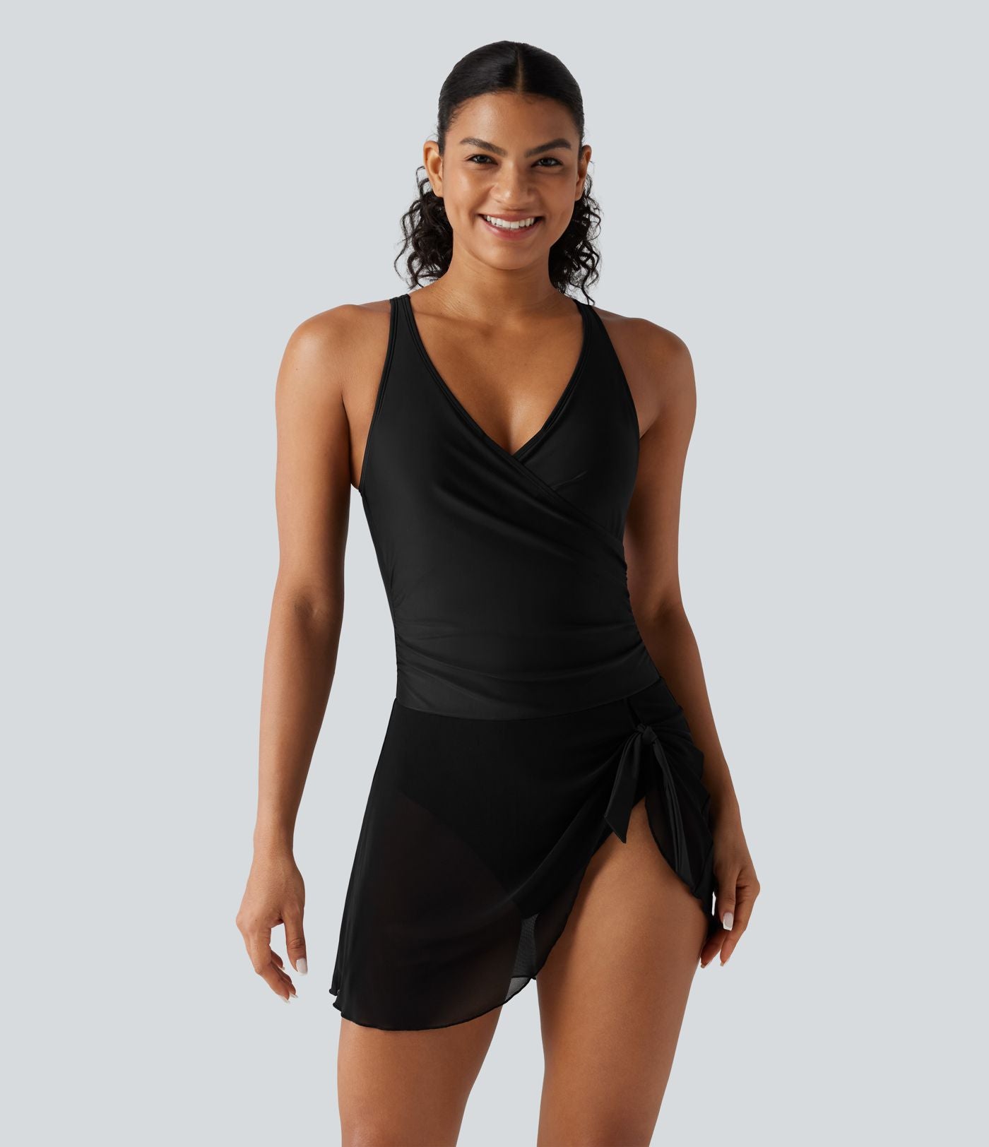 Robe de bain 2-en-1 gainante col V croisé avec fronces, ourlet asymétrique noué, mesh contrasté et brassière intégrée