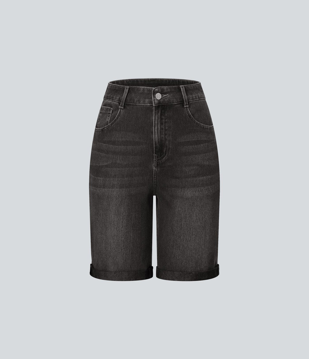 Bermuda décontracté en jean extensible délavé Halara Flex™ taille haute avec revers et multiples poches