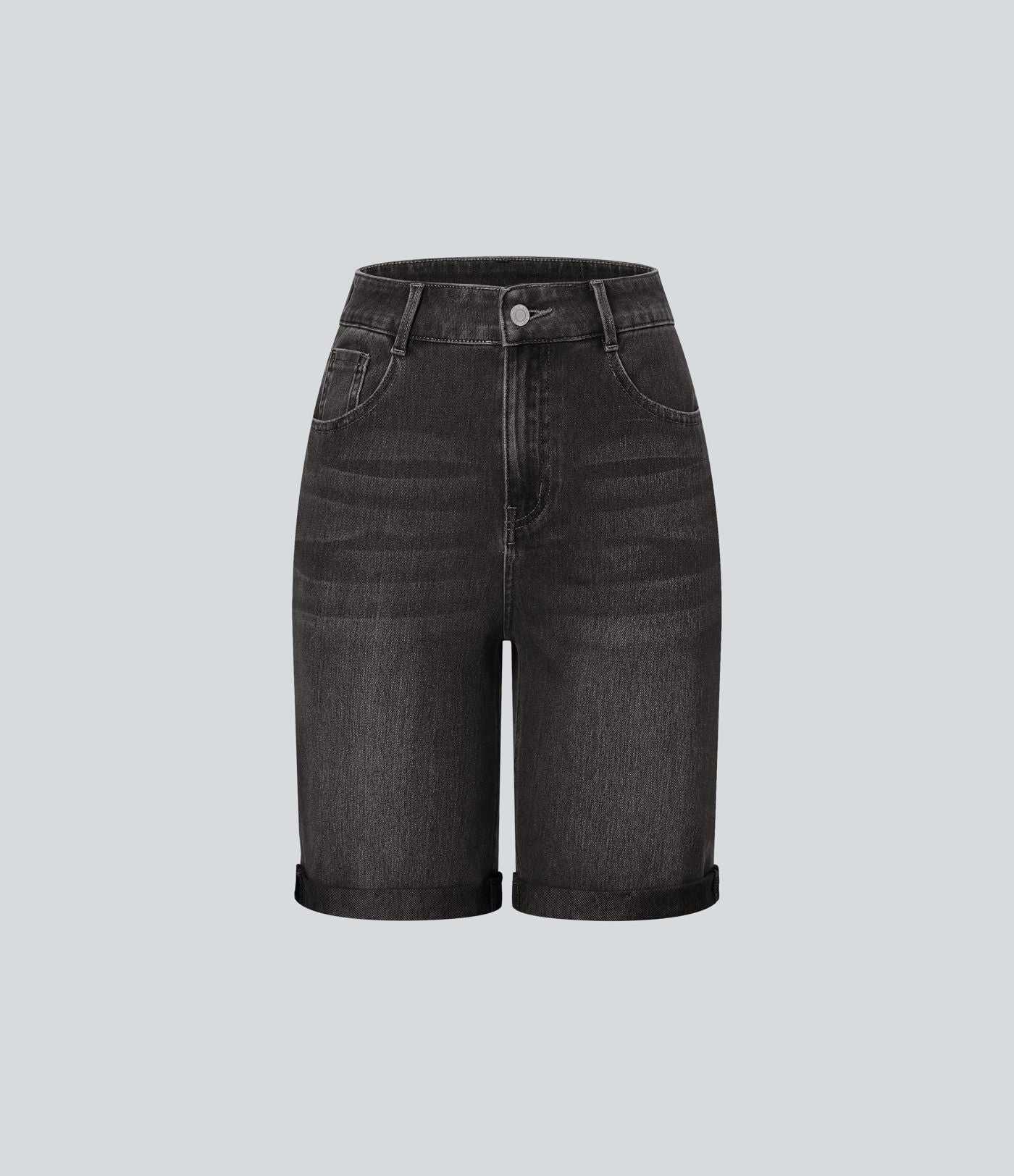 Bermuda décontracté en jean extensible délavé Halara Flex™ taille haute avec revers et multiples poches