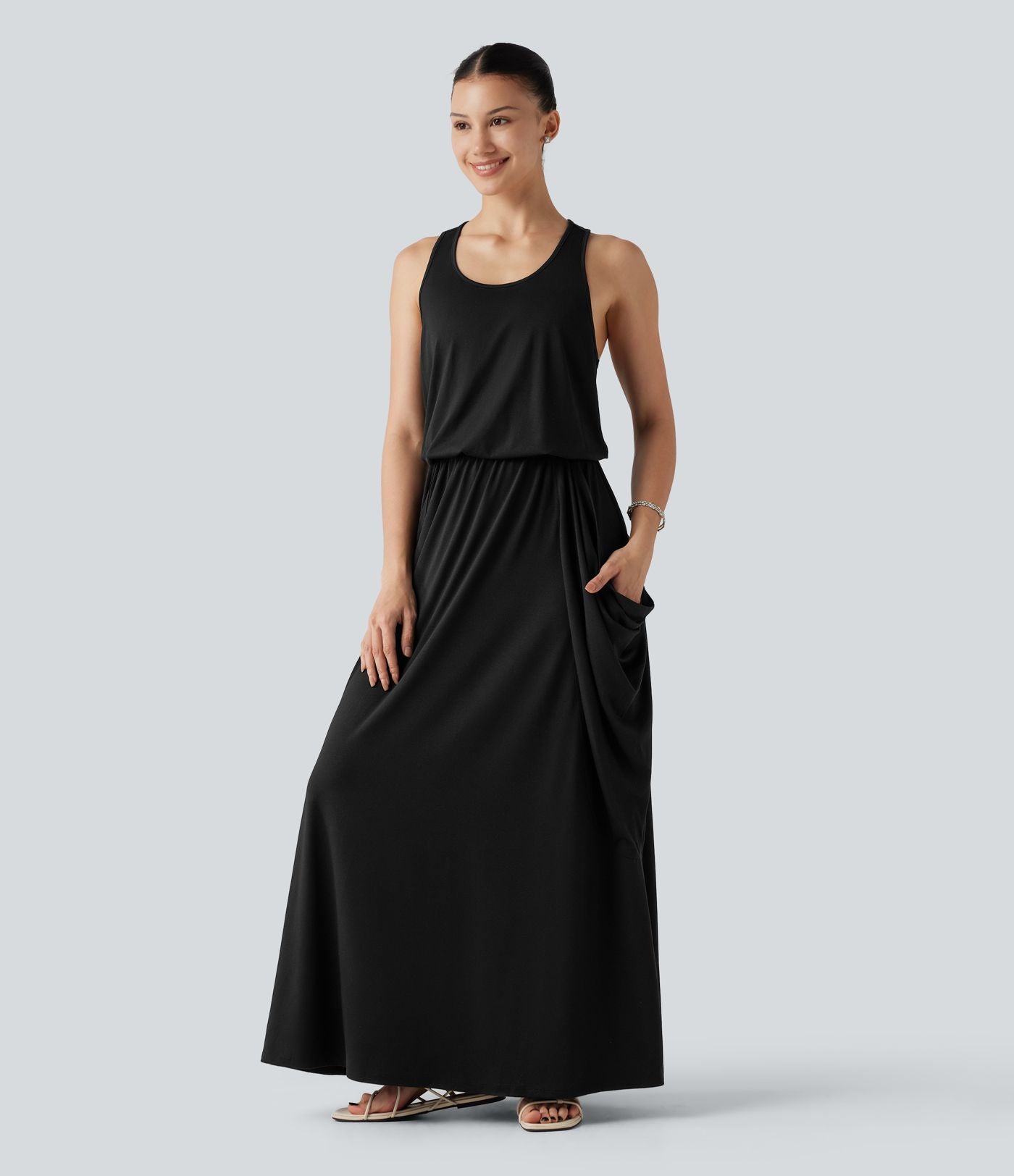 Robe longue casual drapée sans manches à dos ajouré avec poches
