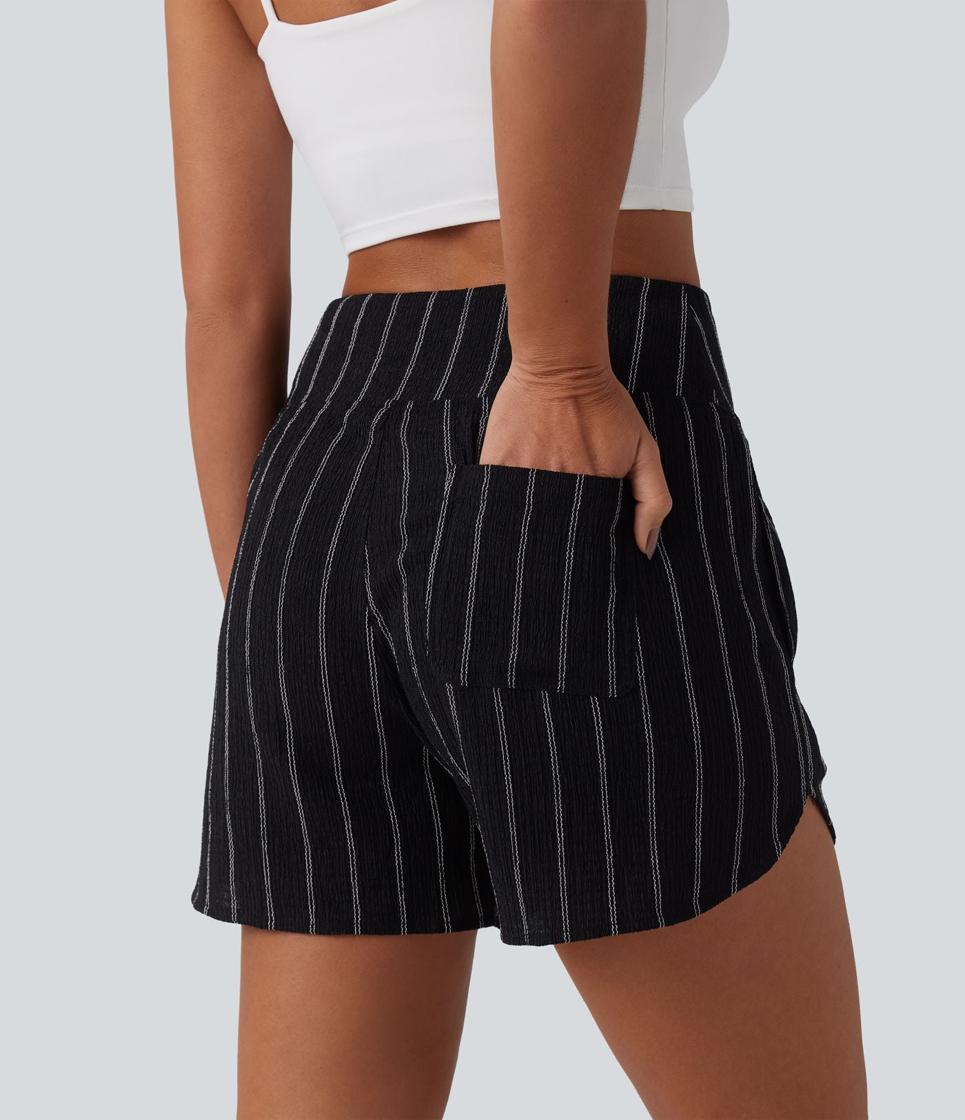 Short casual taille haute ourlet arrondi rayures avec poches