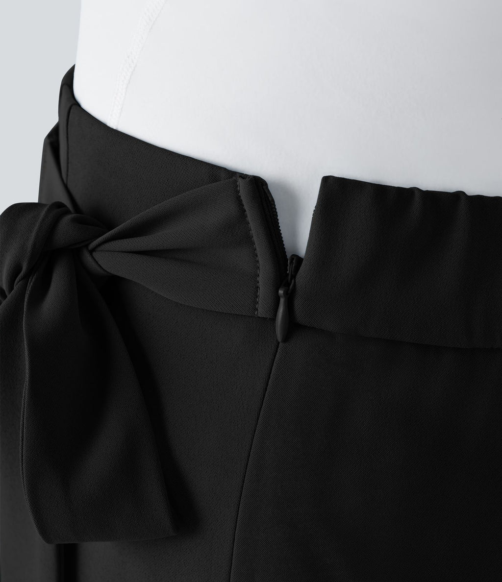 Pantalon Grande Taille à Jambe Large et Taille Haute avec Liens Latéraux et Fermeture Éclair Invisible