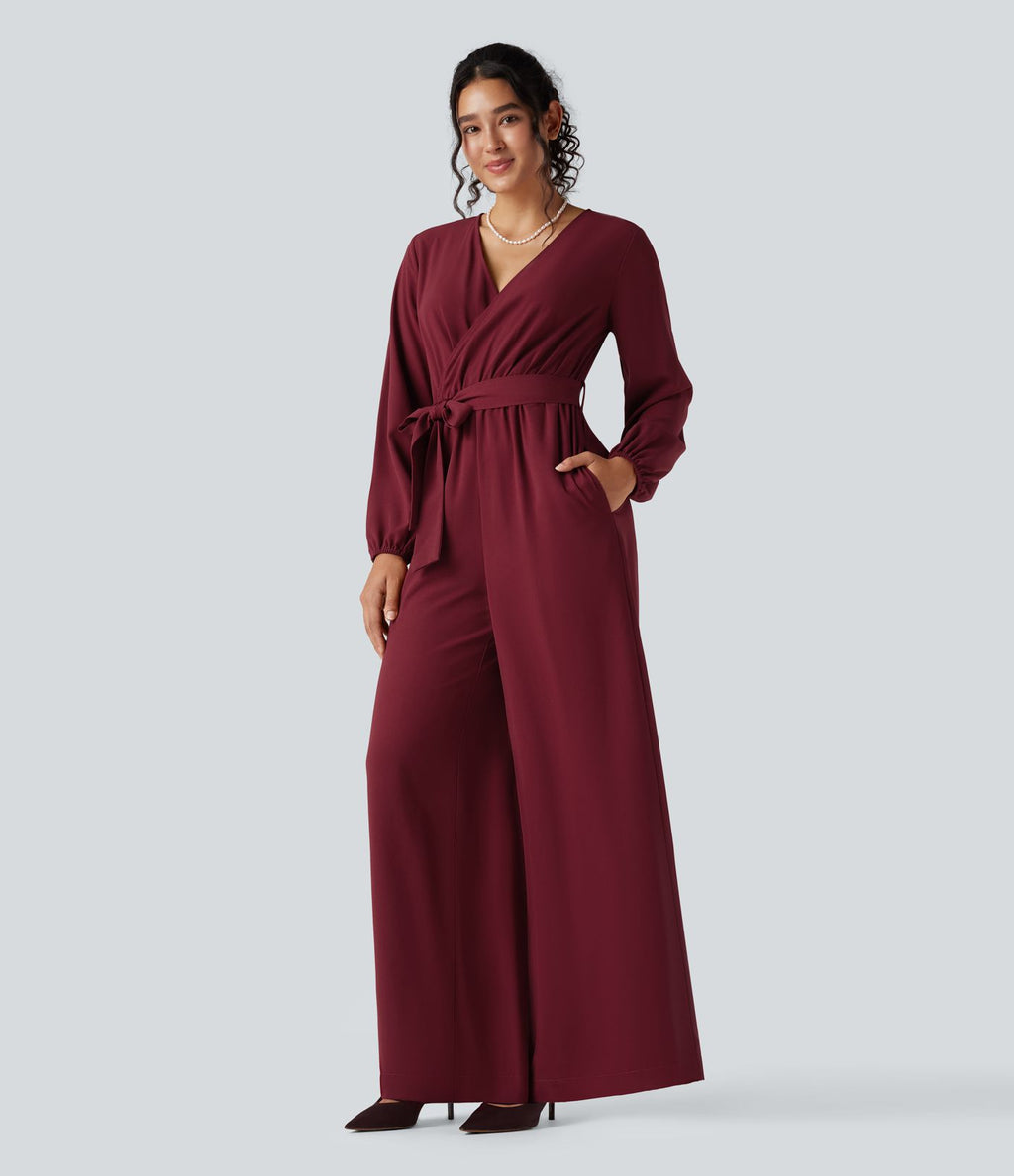 Combinaison pantalon de soirée large à décolleté en V, manches longues bouffantes, ceinture et poches