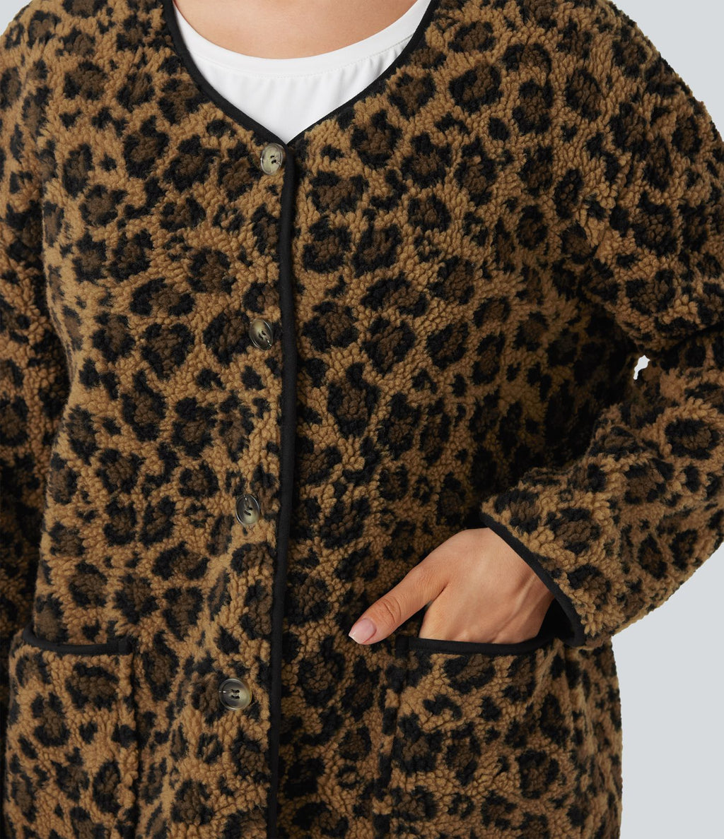 Veste décontractée en sherpa imprimé léopard avec poches