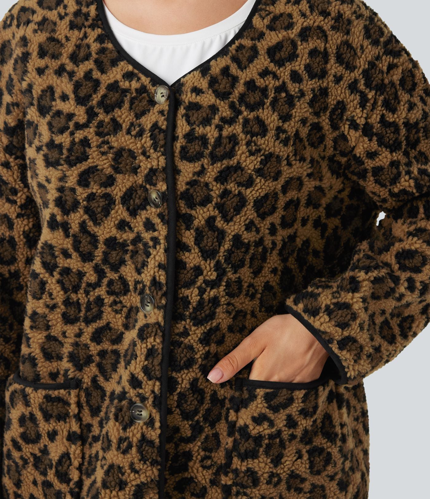 Veste décontractée en sherpa imprimé léopard avec poches