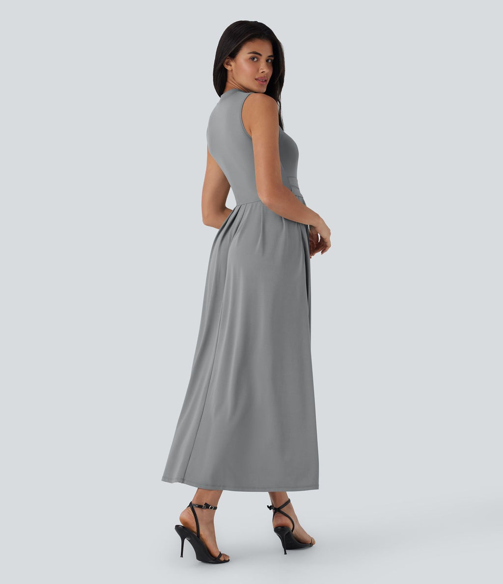 Robe longue décontractée sans manches à col montant, coupe évasée et poches latérales