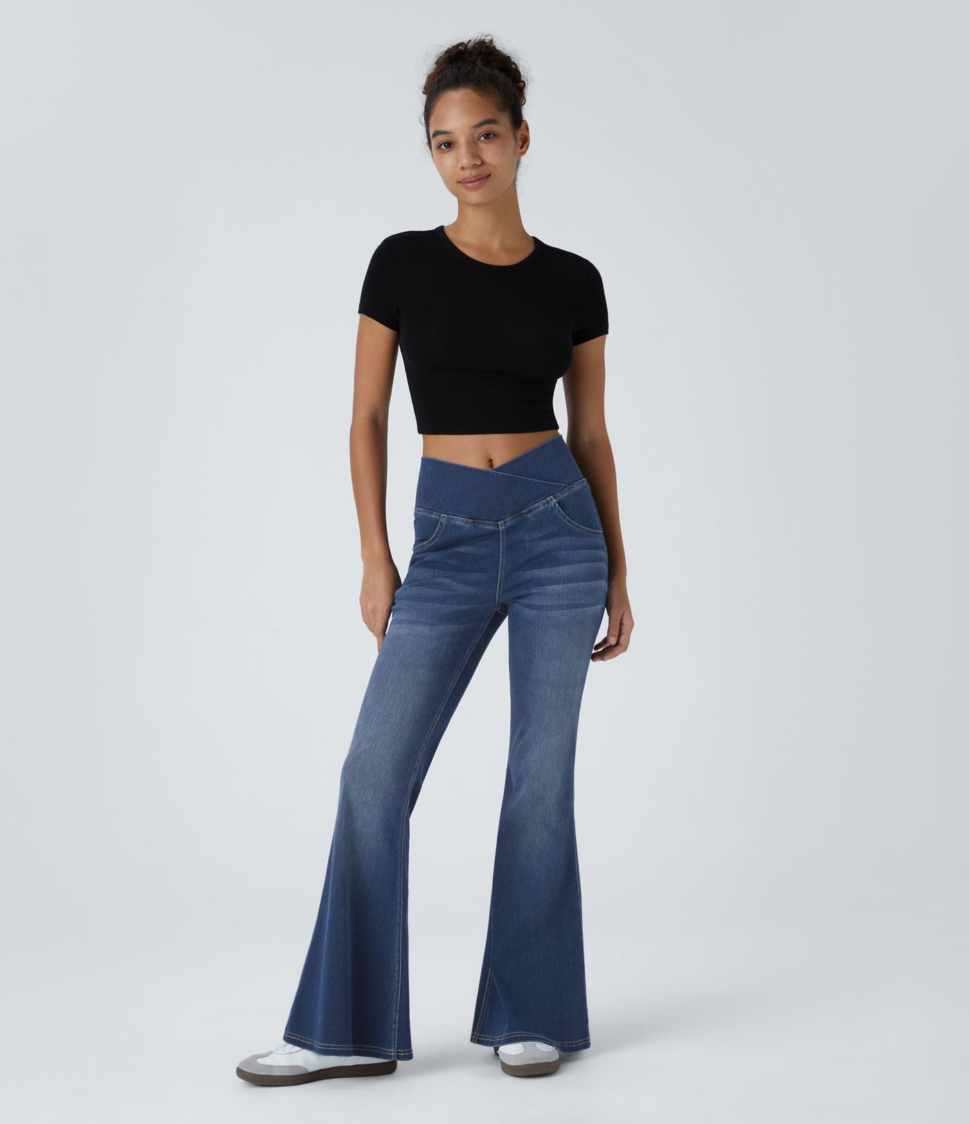 Halara Flex™ Jean Évasé à Taille Haute avec Poche Crossover Tissu Élastique Lavé