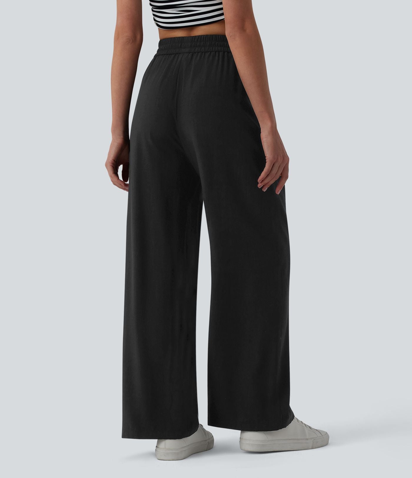 Pantalon casual large fluide mélange lin taille haute avec cordon de serrage et poches