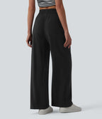 Pantalon casual large mélange lin taille haute avec cordon de serrage et poches