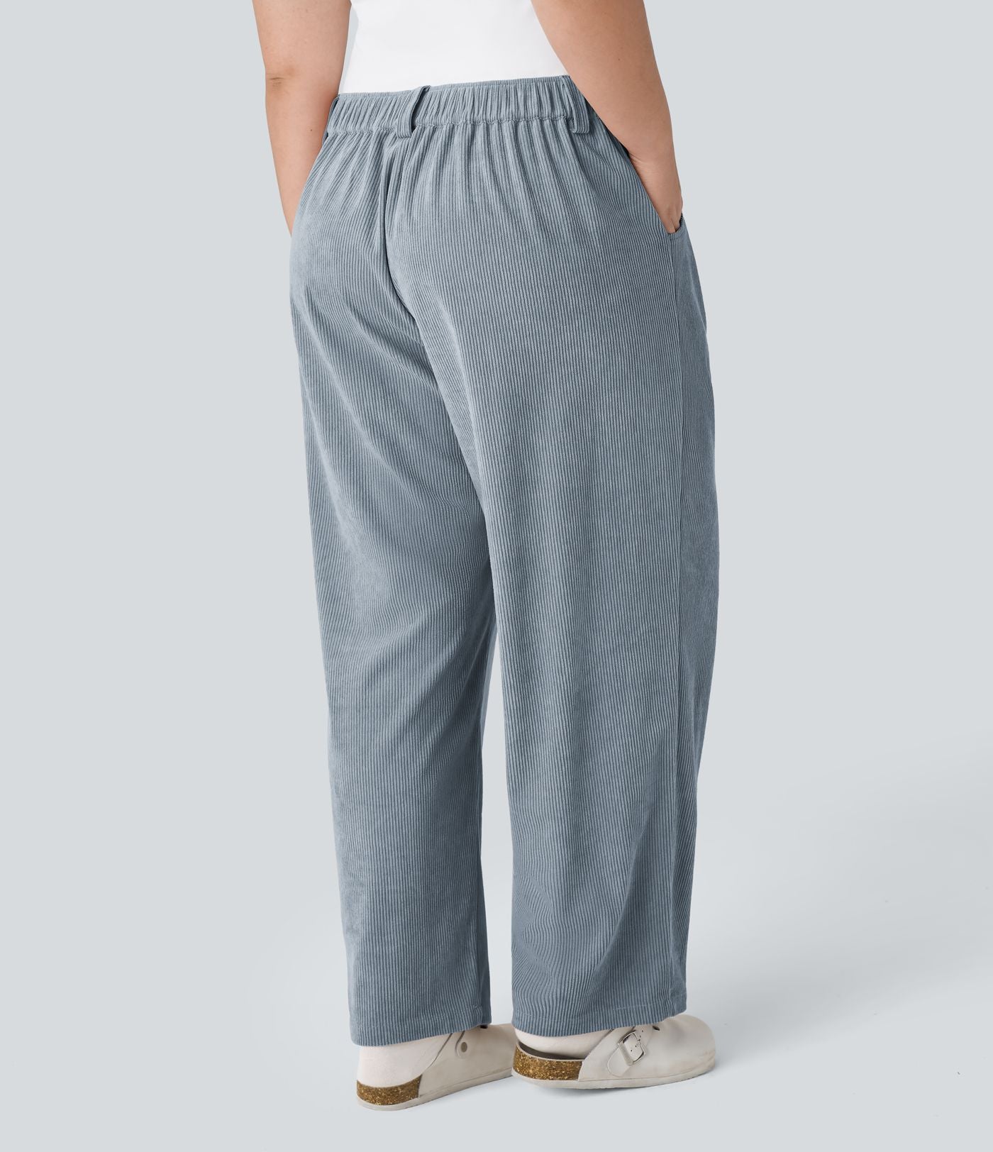 Pantalon Casual Grande Taille Velours Côtelé Taille Mi-haute Boutonnés Fermeture Éclair Poches Latérales