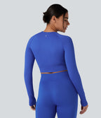 Haut de sport yoga court col rond à manches longues avec passants pouces sans couture OneForm Seamless Flow