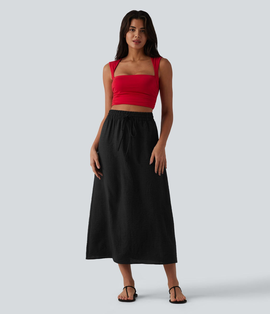 Jupe longue casual aspect lin taille haute avec cordon de serrage