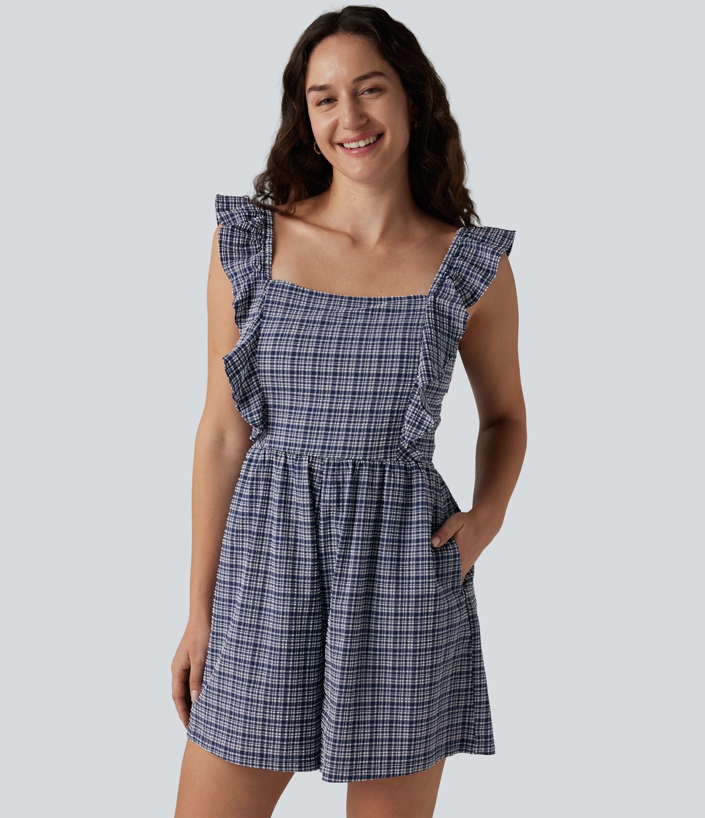 Combinaison short décontractée dos nu torsadé à volants carreaux froissés avec poches, séchage rapide - Easy Peasy