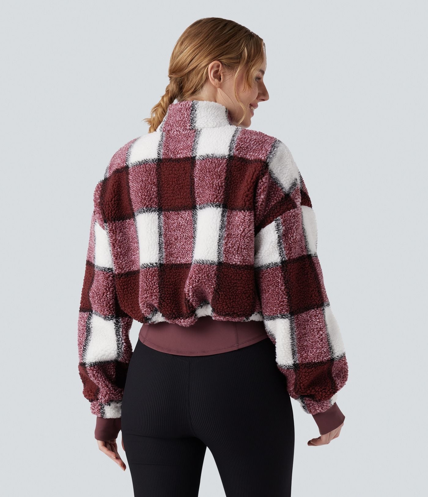 Veste 3-en-1 à col montant, manches longues, trous pour les pouces et veste sherpa à ourlet avec cordon de serrage avec poches