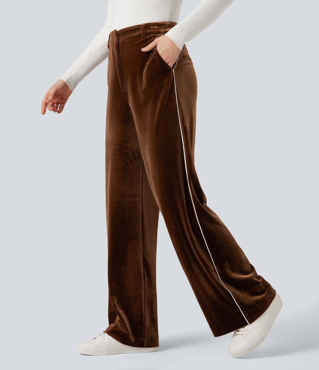 Pantalon velours color block coupe droite taille haute avec poches