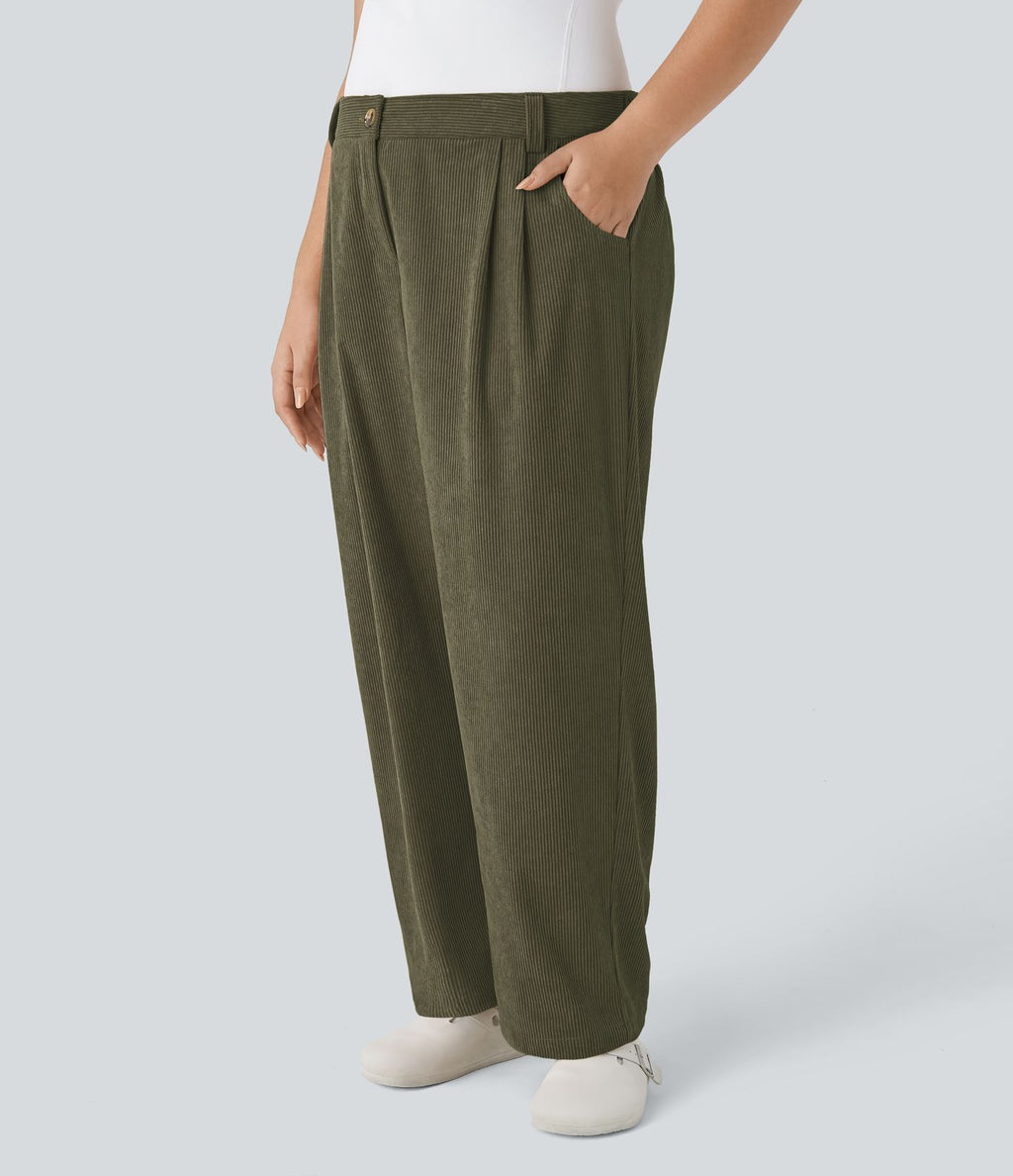 Pantalon Casual Grande Taille Velours Côtelé Taille Mi-haute Boutonnés Fermeture Éclair Poches Latérales
