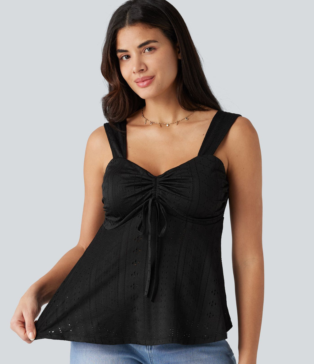Débardeur décontracté froncé avec cordon de serrage, broderie anglaise et soutien-gorge intégré