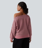 Sweat-shirt rayé épaules dénudées manches longues coupe décontractée