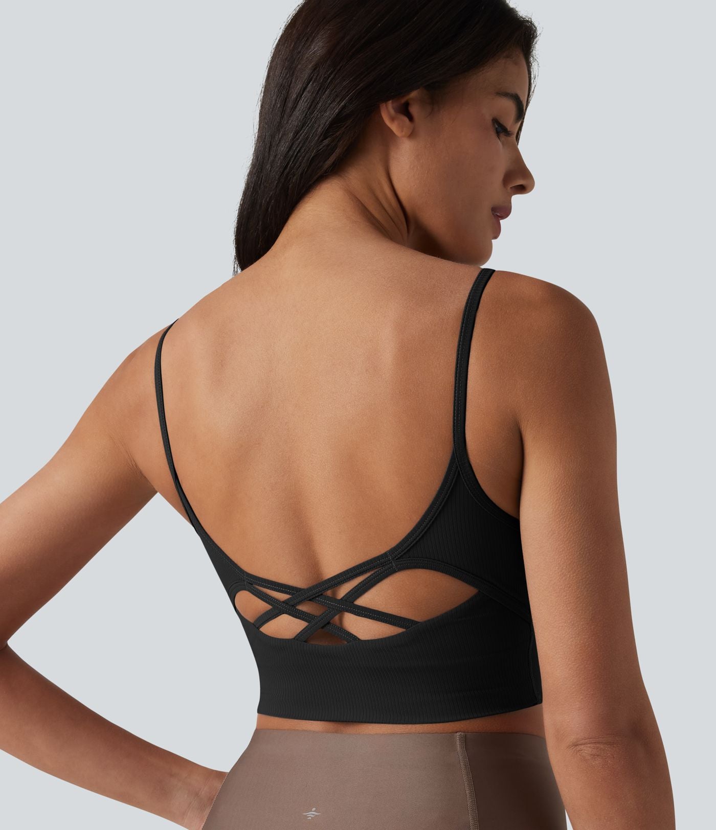Brassière de sport de yoga en maille côtelée col U, maintien léger et soutien-gorge intégré