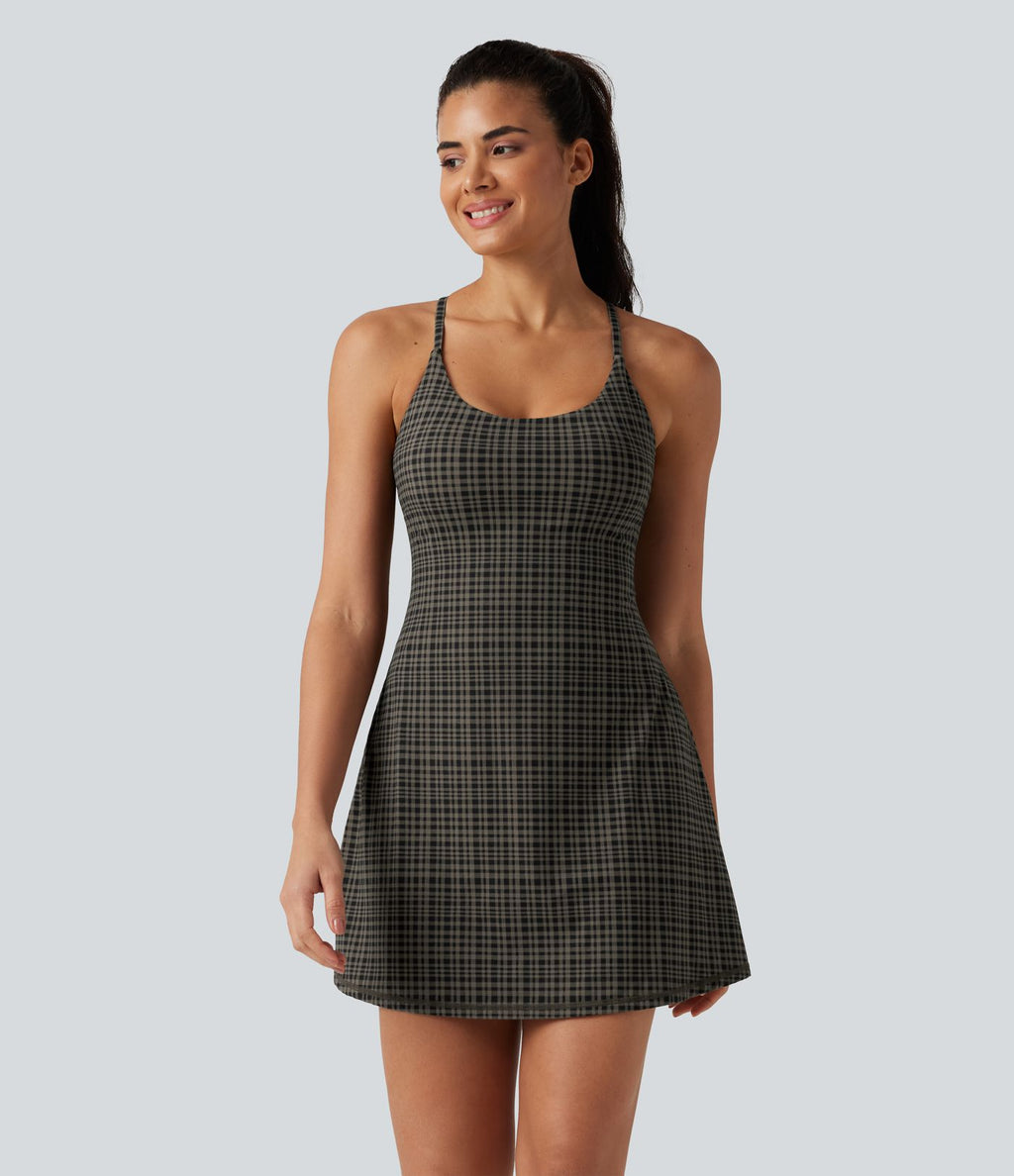 Robe sport de danse mini 2-en-1 avec brassière intégrée UltraSculpt™ à imprimé à carreaux avec poches - Édition Easy Peasy